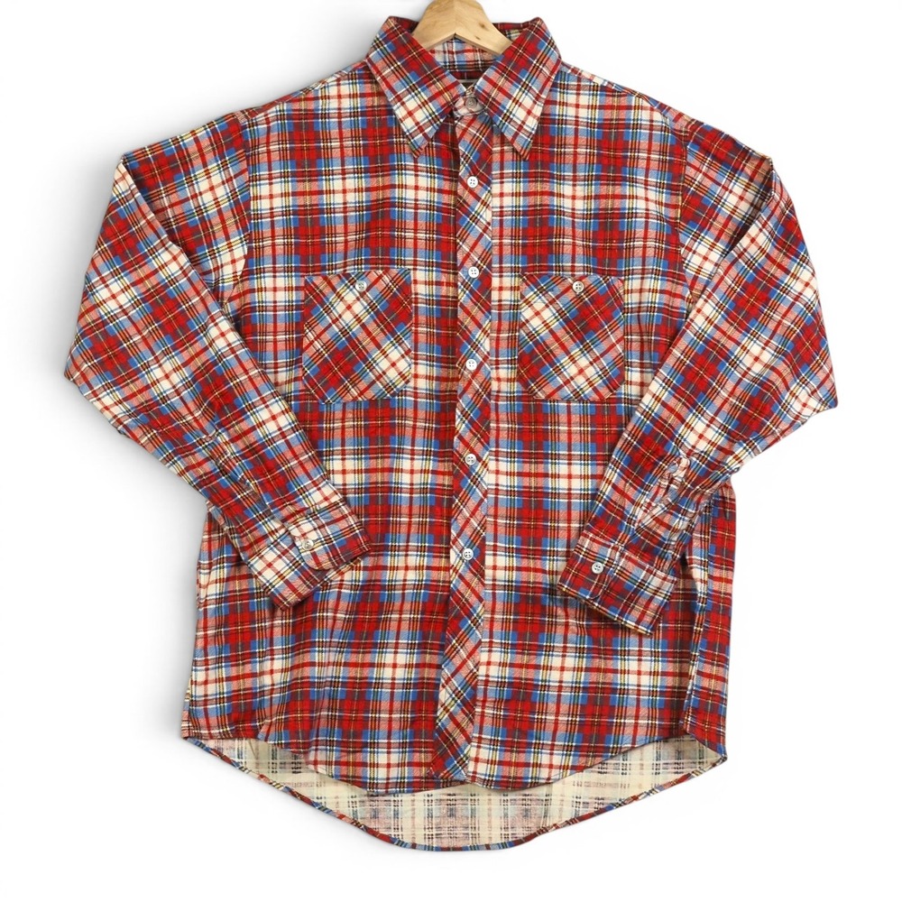 VTG 70s Montgomery Ward Mens Flannel Shirt L Red Plaid Deadstock Cotton Workwear